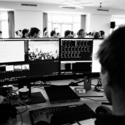 a man sitting at a desk with several monitors